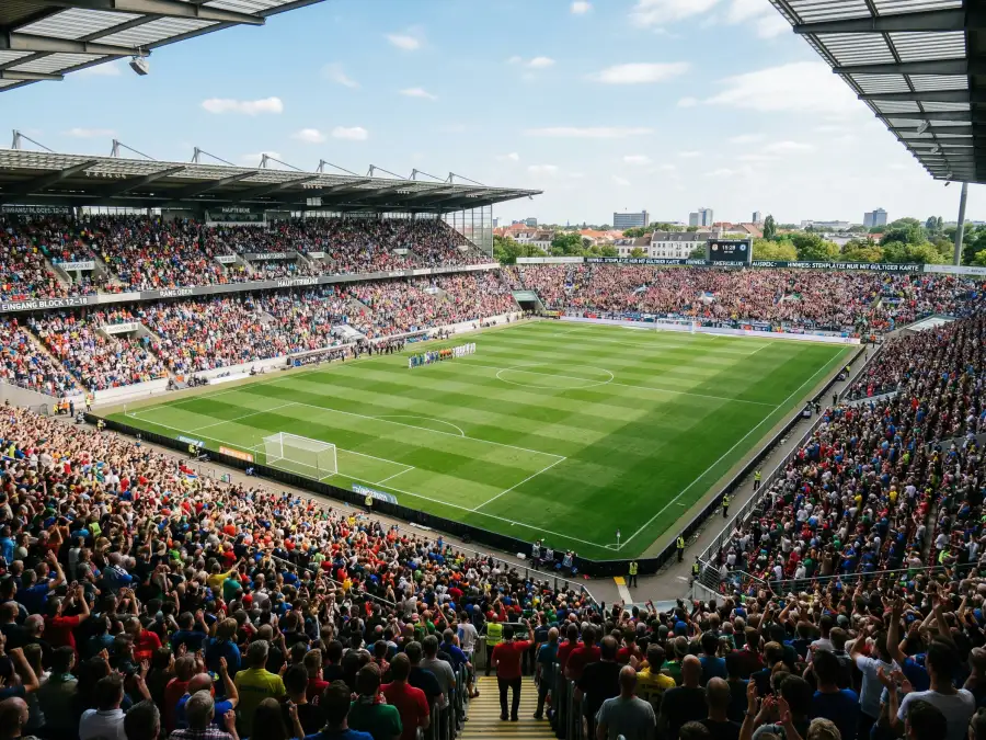Voll besetztes Bundesliga-Stadion am Nachmittag mit Fans auf allen Rängen vor einem Anstoß