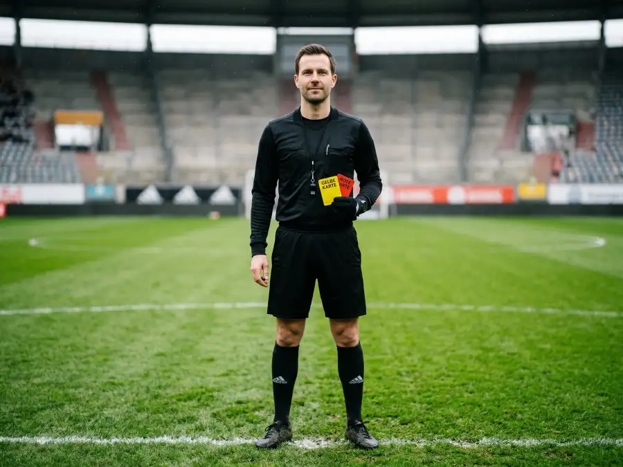 Bundesliga-Schiedsrichter in schwarzem Trikot auf dem Spielfeld vor dem Anpfiff