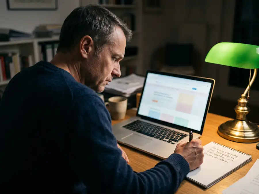 Person prüft am Laptop eine nicht lizenzierte Wettseite und markiert Warnsignale auf einem Notizzettel